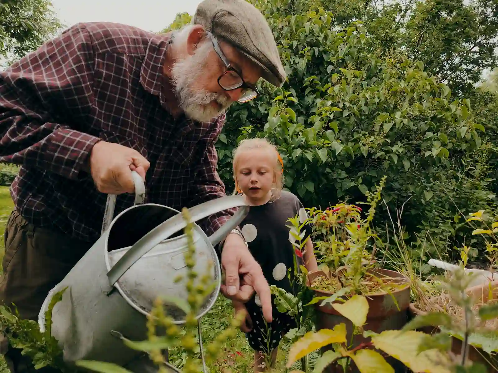 older man with watering can in a vegetable garden with their grandchild
