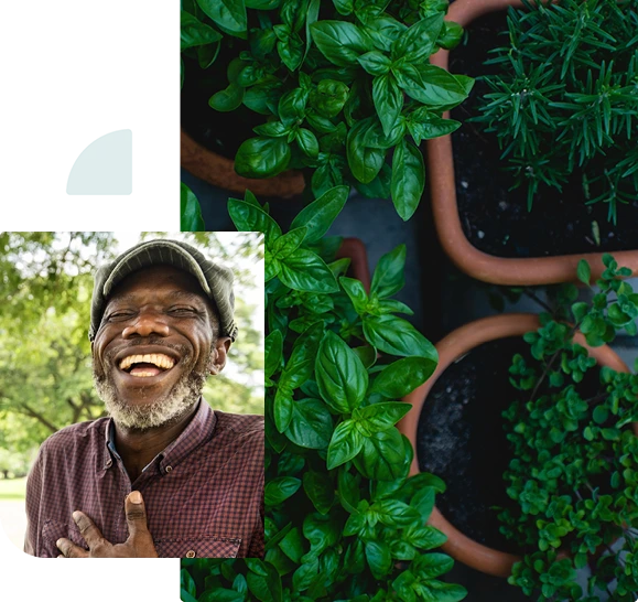 decorative collage featuring potted herbs and a happy older African American man