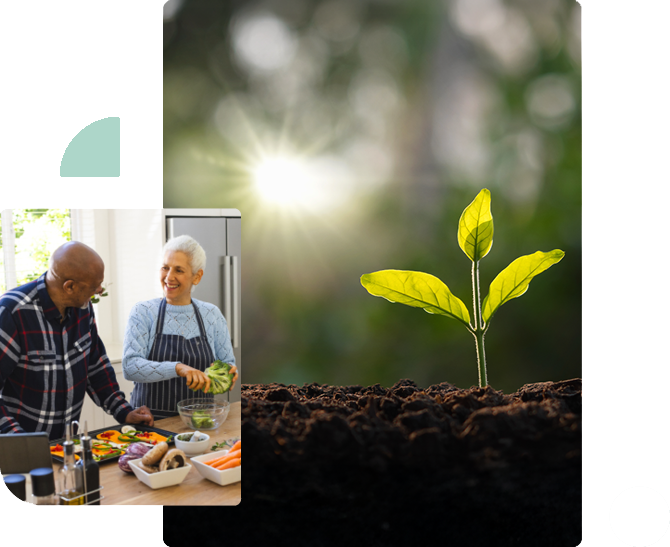 Ridgeville Farms photo collage of new budding plants and diverse, thriving older adults